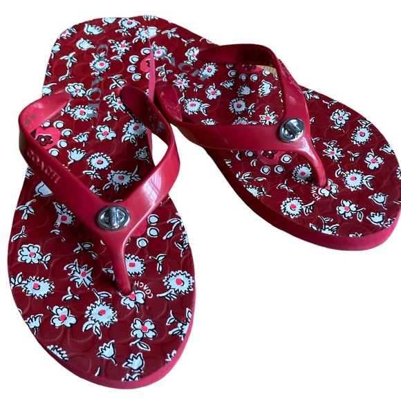 2/$30 Coach Abbigail Red and White Floral Flip Flop Size 5/6 - Picture 1 of 16